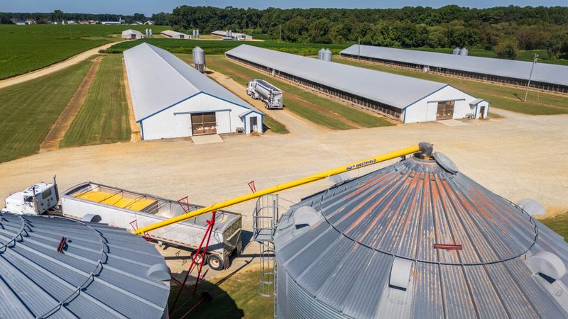 Aerial view of agricultural facility with silos