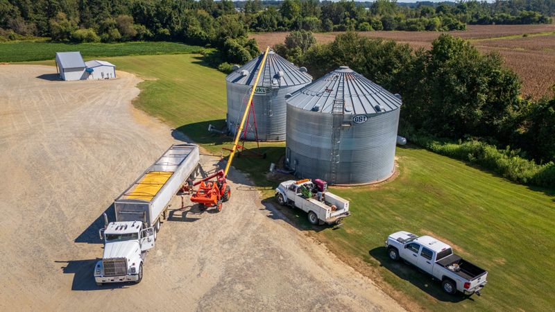 Aerial view of grain silos and pneumatic conveying infrastructure
